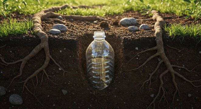 Plastic Bottle in Earth, Roots and Grass, Environmental Concept, Conservation, Nature, Recycling. - Powered by Adobe