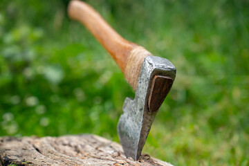 Austrian axe on green grass background.