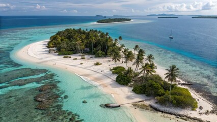 Fototapeta premium Aerial view showcases a tropical island paradise with white sand beaches and crystal clear turquoise water on a beautiful sunny day.