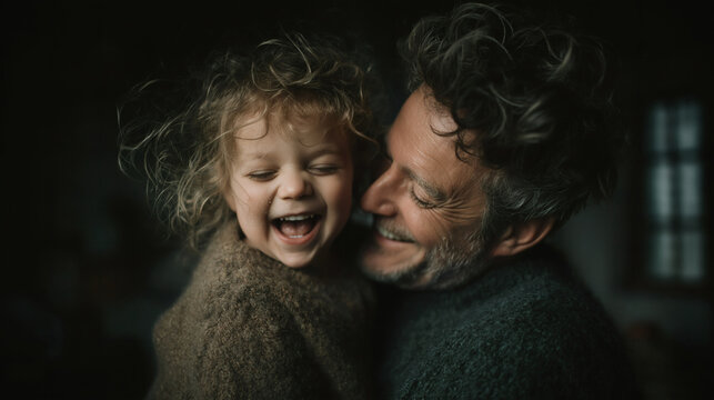 Authentic joyful moment of father and daughter laughing together in cozy indoor natural light atmosphere