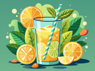 vector of Lemonade with lemon slices and mint in a tall glass. The yellow cocktail is a cool and enjoyable drink.