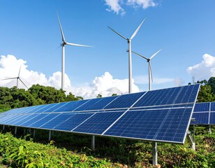 Sustainable energy landscape with solar panels and windmills