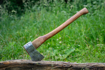 Vintage axe in green grass, -, close-up.