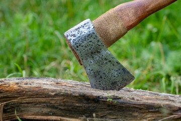 Vintage axe in green grass, -, close-up.