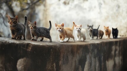 Group of cats walking in a row along concrete wall