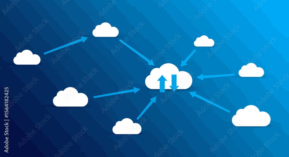 Aufkleber illustration depicting cloud computing network and data transfer on a gradient blue background
