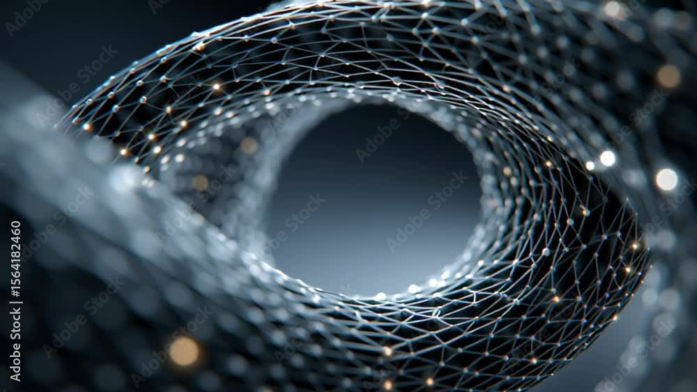 Poster intricate mesh forms swirling tunnel, illuminated by shimmering lights, creating depth