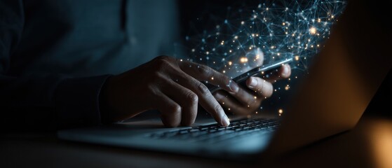 Person using smartphone and laptop with glowing network connection at night