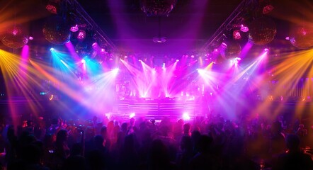 Vibrant nightclub dj in action with colorful stage lights. High quality