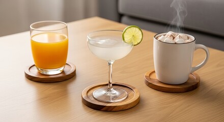 Refreshing Drinks on Wooden Coasters