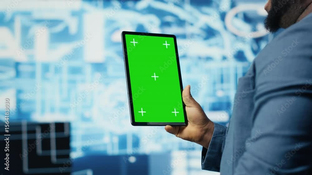 Poster african american expert holds tablet with isolated screen next to cloud computing systems, focused o