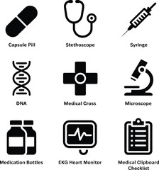 Medical healthcare icon set vector illustration stethoscope dna pill syringe microscope ekg cross