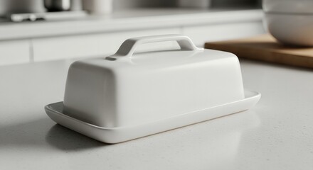 White Ceramic Butter Dish with Handle on Kitchen Countertop