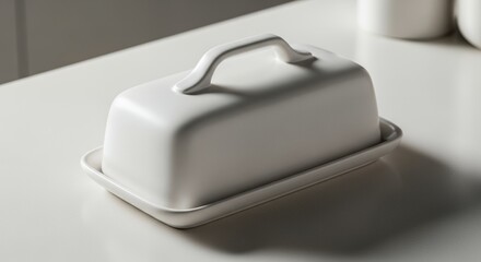White Ceramic Butter Dish with Handle on Tabletop