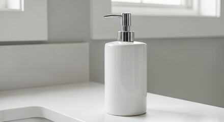 White Ceramic Soap Dispenser with Silver Pump on White Countertop