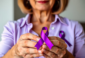 Woman holding a purple awareness ribbon for domestic violence and epilepsy awareness
