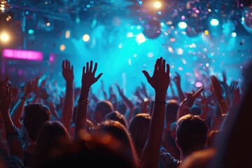 DJ hands up at night club party under blue light with crowd of people. High quality