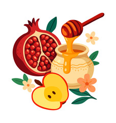 Rosh Hashanah. Jewish New Year. Pomegranate, apple and honey. Vector isolated illustration
