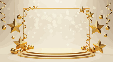 Elegant golden festive scene with podium, stars, balls and ribbons for product display