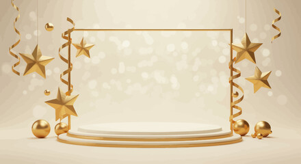 Elegant golden stars and ribbons on a cream-colored stage for product display