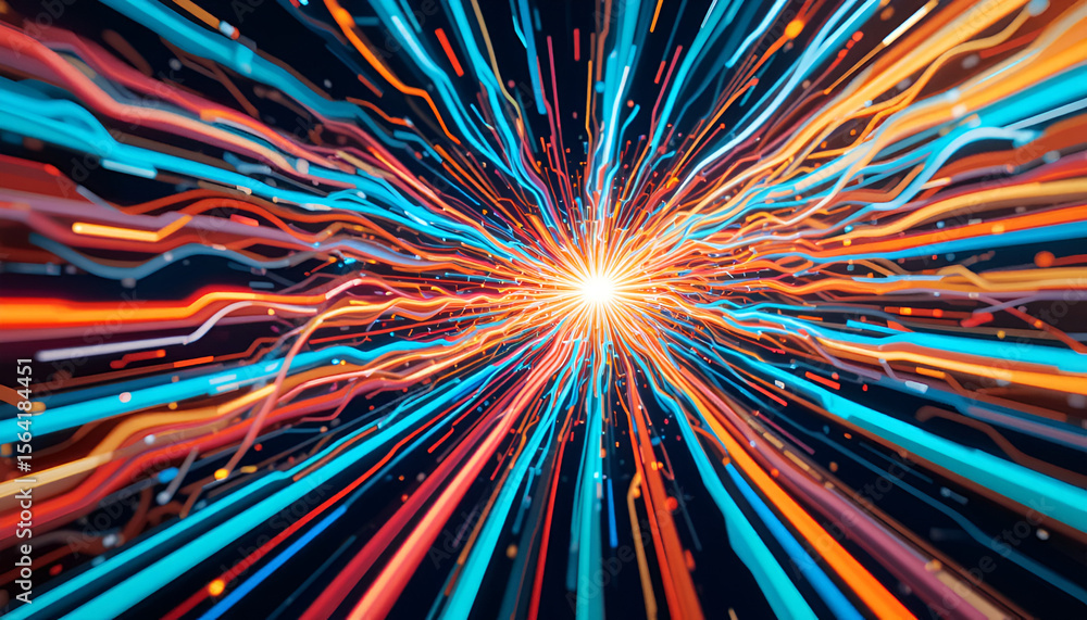 Poster vivid light streaks burst from a central point in this abstract art, creating an energetic and moder