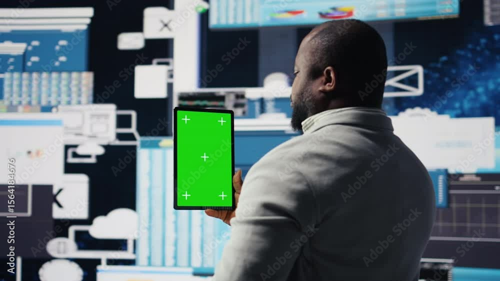 Poster african american leader reviewing mockup screen with data insight for business development, surround