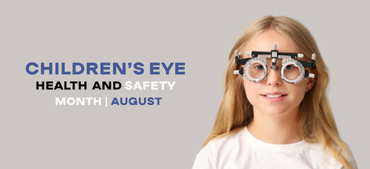 Teenage girl in trial frame on light background, closeup. Children's Eye Health and Safety...