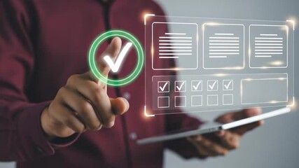 Document management checking concept, Business performance checklist, Business evaluation and project approval. Businessman approves documents on virtual screen