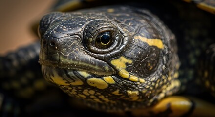 Close-up Portrait of a Turtle Dark Shell, Yellow Markings, Intense Gaze