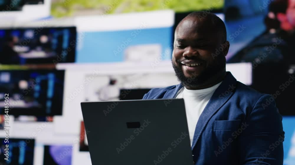 Poster african american specialist engaging with media dashboards screens, emphasizes networking with ai an