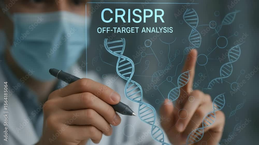 Poster a masked scientist writes on a transparent screen labeled crispr off-target analysis with dna motifs