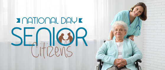 Young nurse with senior woman in wheelchair near window indoors