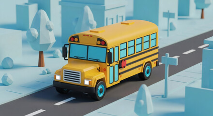 Low-Poly 3D Model of a School Bus Driving on a City Street