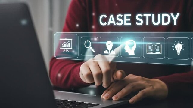 Case study education concept. Person use laptop with case study icon on virtual screen for analysis of the situation to find a solution.