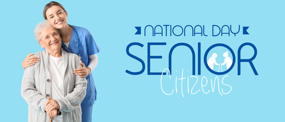 Nurse hugging senior woman with stick on blue background