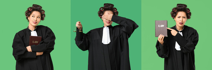 Collage of female Asian judge with hair curlers on green background