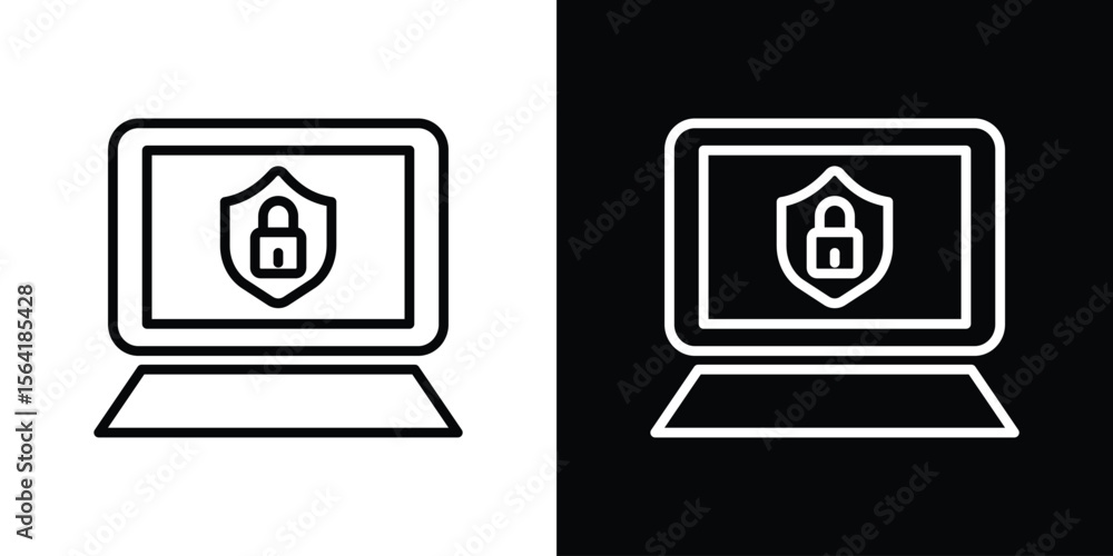 Poster computer security icons in line style. editable black and white strokes