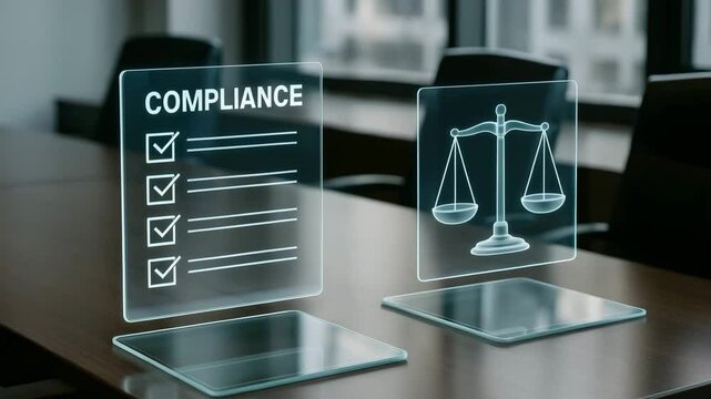 Digital check marks and legal balance icons glow in a modern conference room. concept of regulatory adherence ensuring fairness.