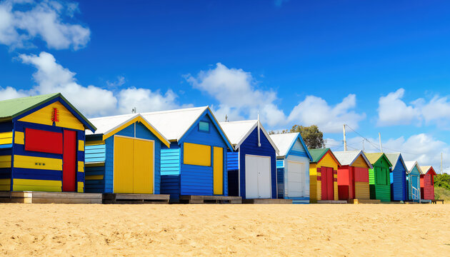 Colorful beach huts line the sandy shore under a bright blue sky, creating a vibrant and cheerful seaside scene. - Powered by Adobe