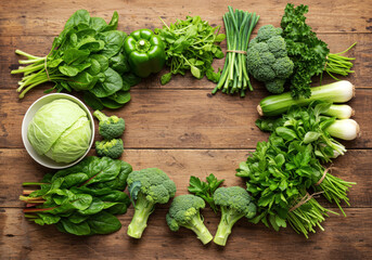 Green vegetables on wooden table