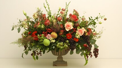 Fototapeta premium Stunning Autumn Floral Arrangement with Fruits in Urn