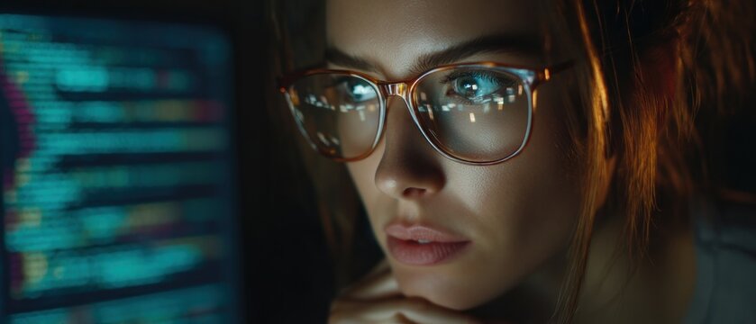 Focused woman programmer working late at night on computer code