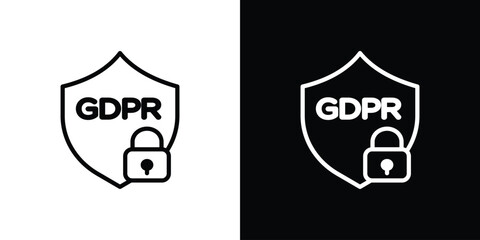 GDPR shield icons in line style. Editable black and white strokes