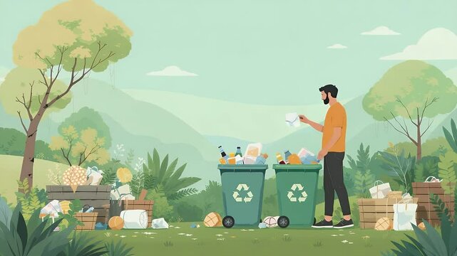 Eco-conscious man throwing trash in recycling bins: A man throwing waste in recycling bin in cartoon graphic, in the middle of a green natural environment.
