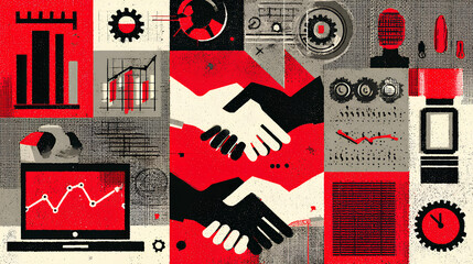 Trendy halftone collage cutout business elements set. Laptop, rising arrow chart, gears, handshake, watch, magnifier. Idea, teamwork, brainstorming and success concept Modern retro vector illustration
