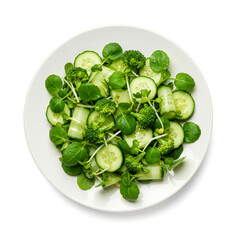Obraz premium Salad of watercress, cucumber and broccoli sprouts on a plate isolated on white