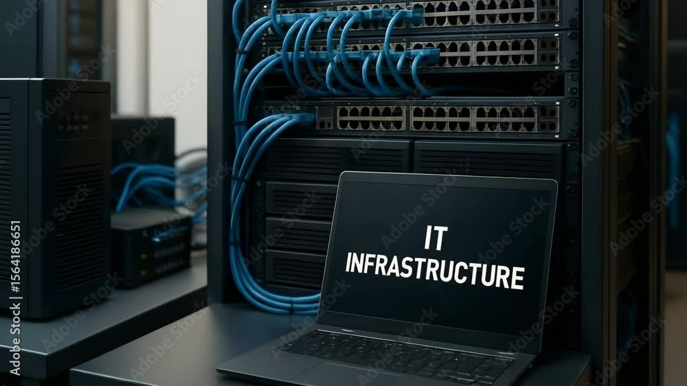 Poster a slim notebook displaying “it infrastructure” rests against neat blue-cabled racks in a data room. 