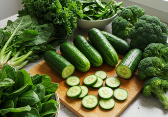 Green organic vegetables on the kitchen table, fresh whole and sliced cucumbers on cutting board
