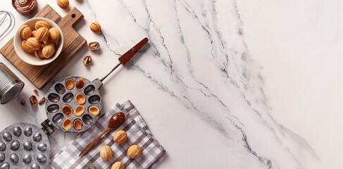 Composition with tasty walnut shaped cookies, boiled condensed milk and baking form on light...