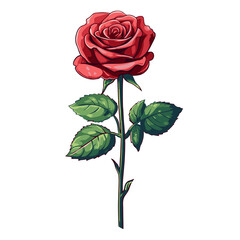 Elegant red rose icon with detailed petals and green leaves in a modern flat design style